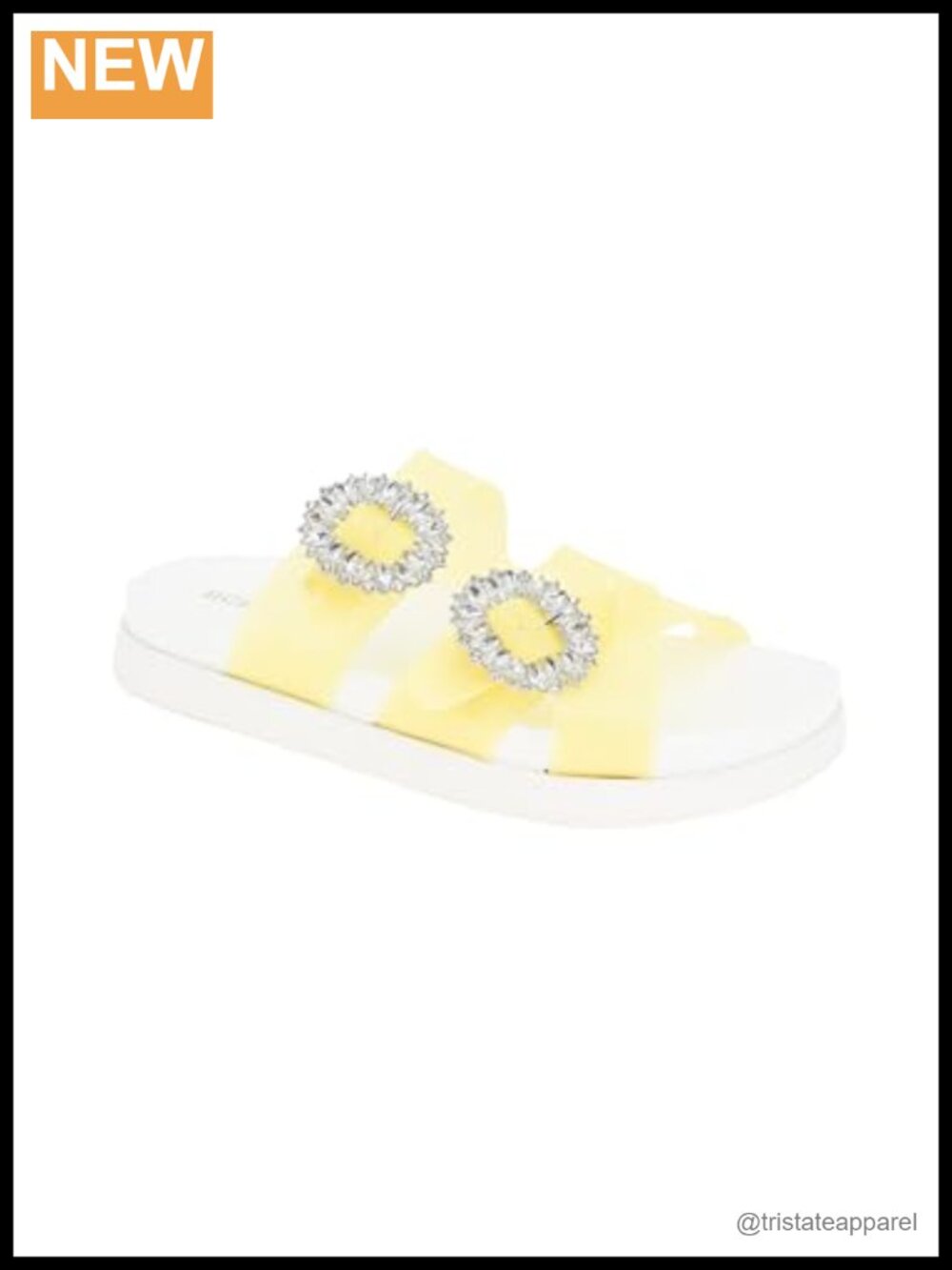 BCBGeneration Flatform Slide Sandals with Rhinestone Buckles and Padded Footbed